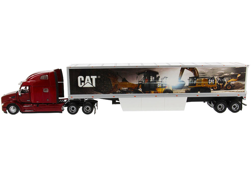 Peterbilt 579 UltraLoft Truck Tractor Red with 'CAT Caterpillar' Mural Dry Van Trailer 'Transport Series' 1/50 Diecast Model by Diecast Masters
