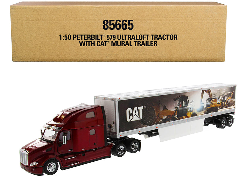 Peterbilt 579 UltraLoft Truck Tractor Red with 'CAT Caterpillar' Mural Dry Van Trailer 'Transport Series' 1/50 Diecast Model by Diecast Masters