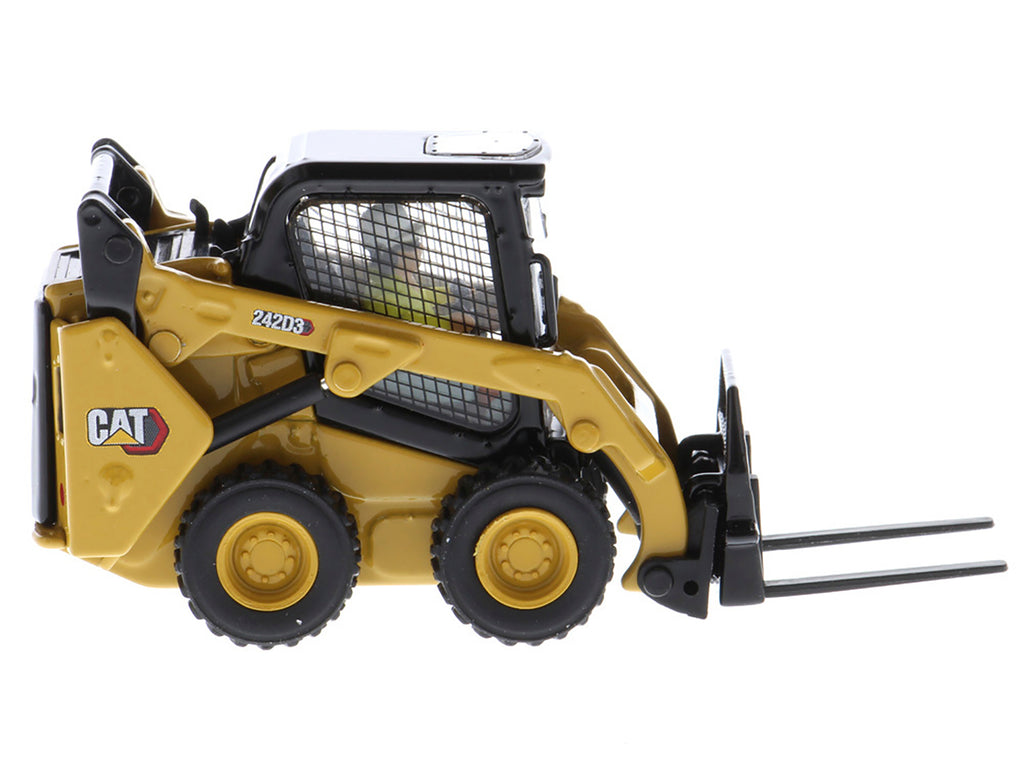 CAT Caterpillar 242D3 Wheeled Skid Steer Loader with Work Tools and Operator Yellow 'High Line Series' 1/50 Diecast Model by Diecast Masters