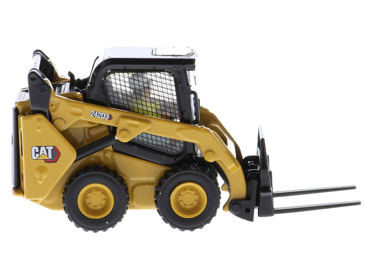CAT Caterpillar 242D3 Wheeled Skid Steer Loader with Work Tools and Operator Yellow 'High Line Series' 1/50 Diecast Model by Diecast Masters