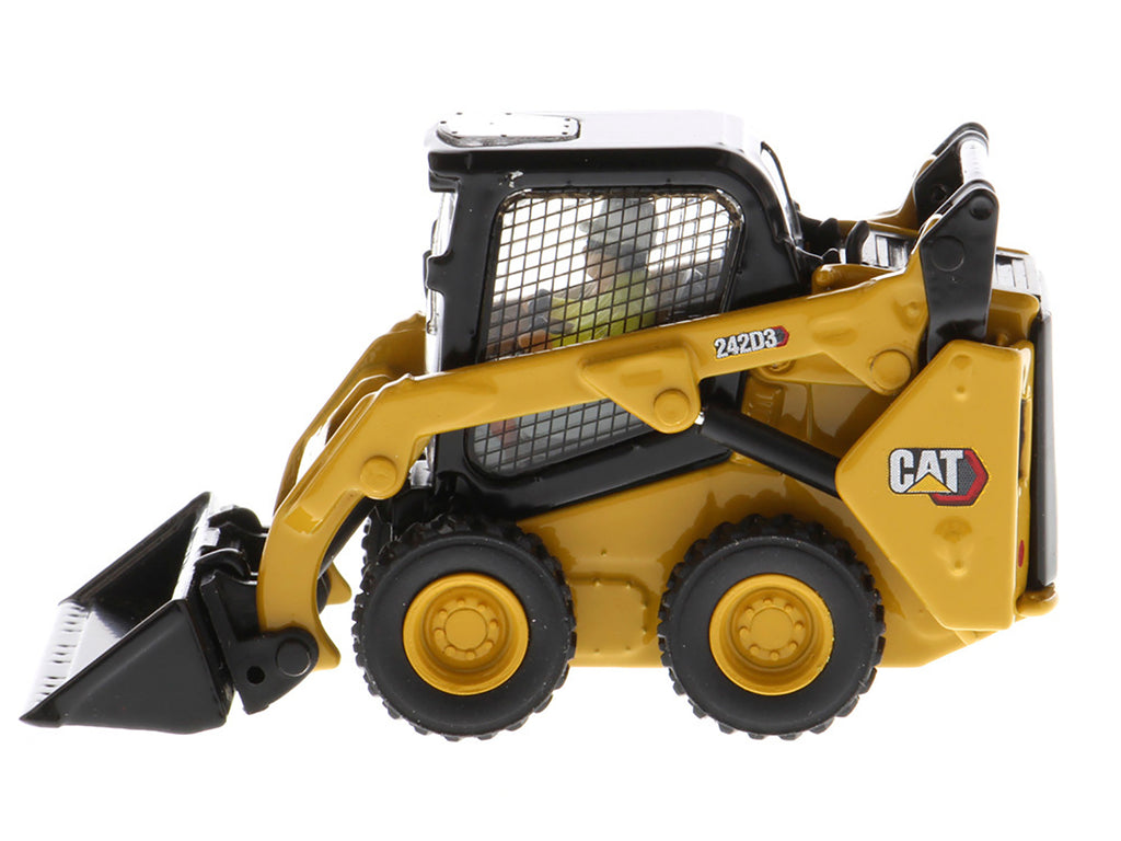 CAT Caterpillar 242D3 Wheeled Skid Steer Loader with Work Tools and Operator Yellow 'High Line Series' 1/50 Diecast Model by Diecast Masters