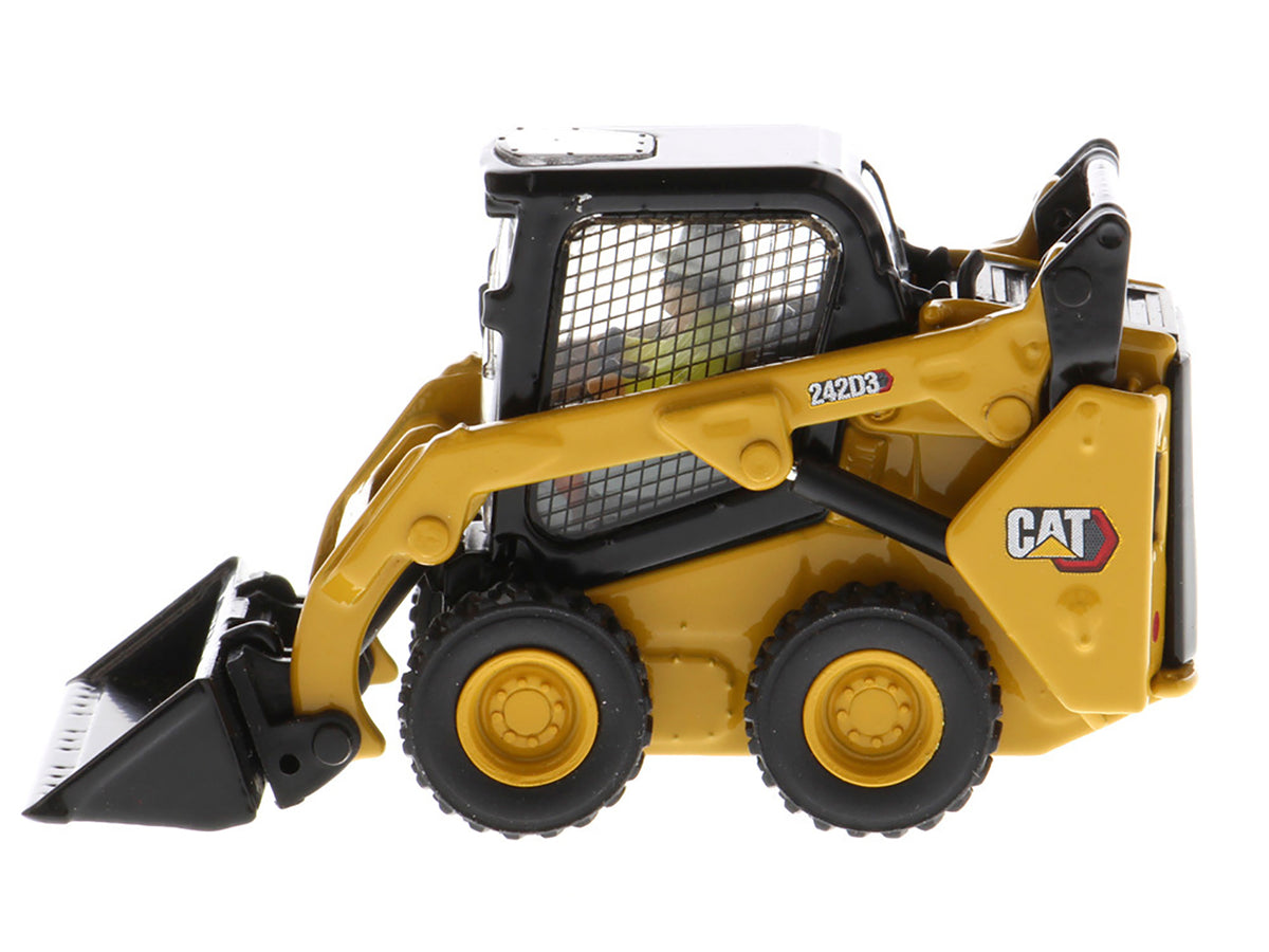 CAT Caterpillar 242D3 Wheeled Skid Steer Loader with Work Tools and Operator Yellow 'High Line Series' 1/50 Diecast Model by Diecast Masters