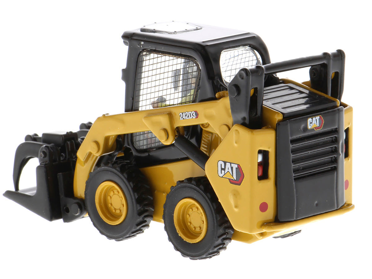 CAT Caterpillar 242D3 Wheeled Skid Steer Loader with Work Tools and Operator Yellow 'High Line Series' 1/50 Diecast Model by Diecast Masters
