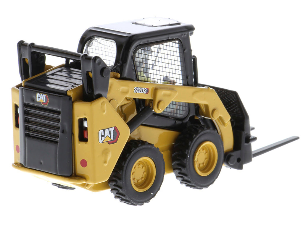 CAT Caterpillar 242D3 Wheeled Skid Steer Loader with Work Tools and Operator Yellow 'High Line Series' 1/50 Diecast Model by Diecast Masters