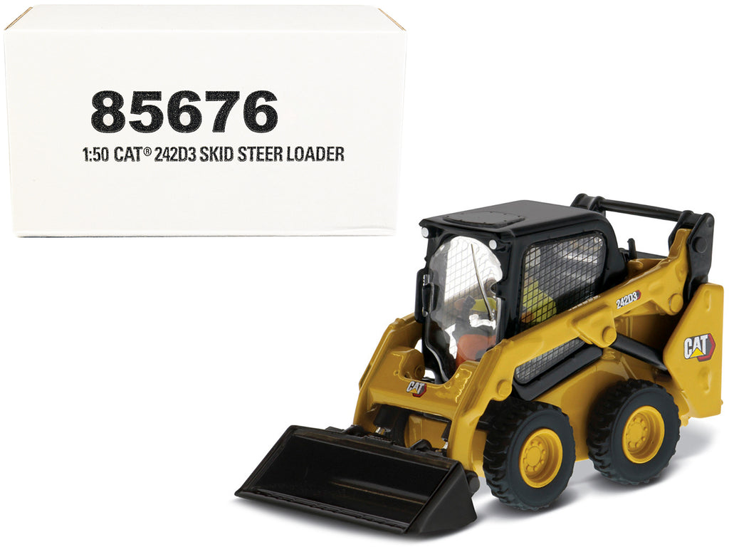 CAT Caterpillar 242D3 Wheeled Skid Steer Loader with Work Tools and Operator Yellow 'High Line Series' 1/50 Diecast Model by Diecast Masters