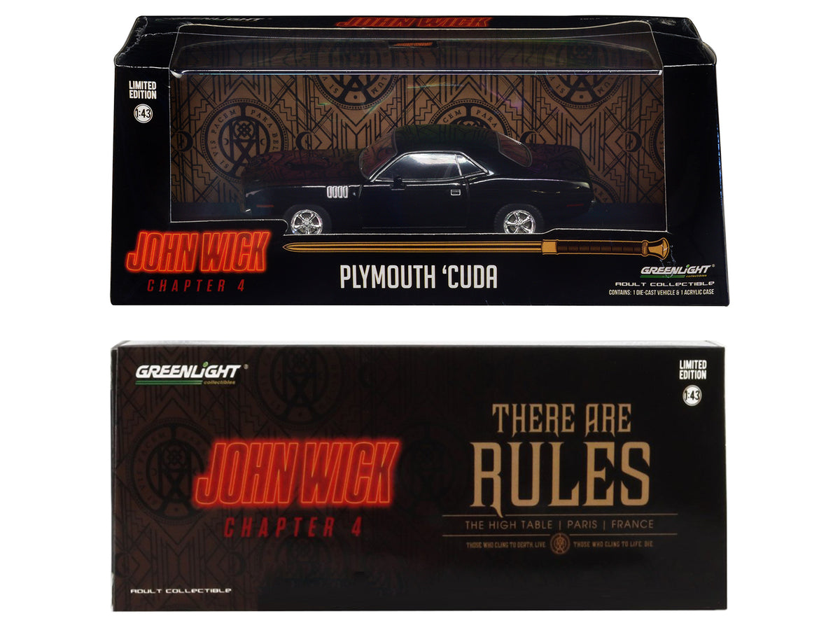 1971 Plymouth Barracuda Black 'John Wick: Chapter 4' (2023) Movie 'Hollywood' Series 1/43 Diecast Model Car by Greenlight