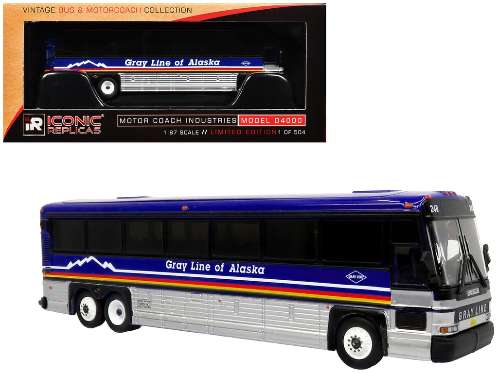 2001 MCI D4000 Coach Bus 'Gray Line of Alaska' Dark Blue with Stripes 'Vintage Bus & Motorcoach Collection' Limited Edition to 504 pieces Worldwide 1/87 (HO) Diecast Model by Iconic Replicas