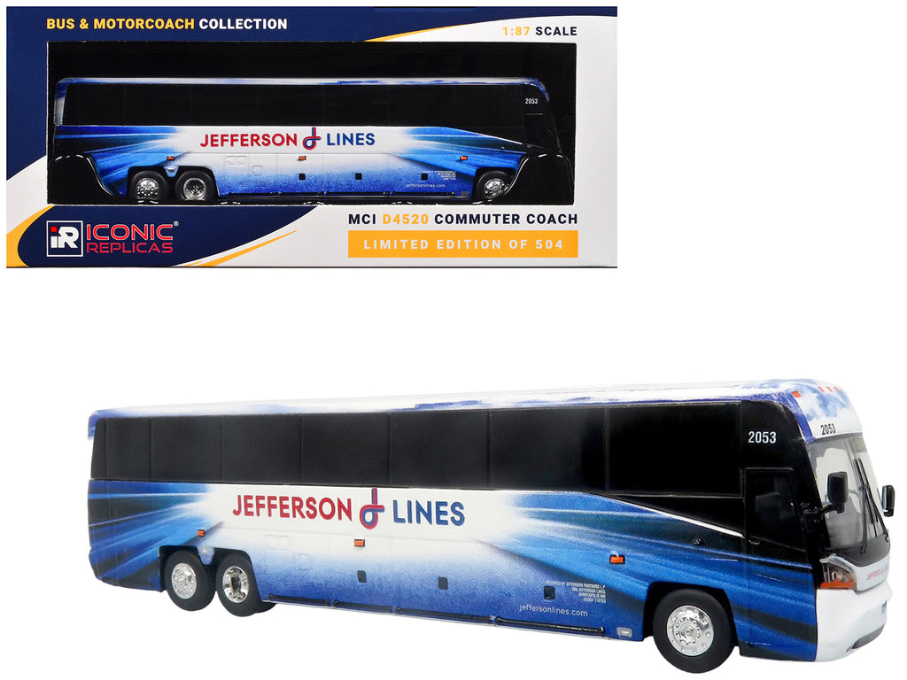 MCI D4520 Commuter Coach Bus 'Jefferson Lines' White with Blue Graphics 'The Bus & Motorcoach Collection' Limited Edition to 504 pieces Worldwide 1/87 (HO) Scale Diecast Model by Iconic Replicas