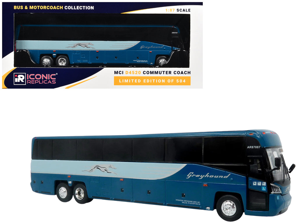 MCI D4520 Commuter Coach Bus 'Greyhound Lines' Blue with Light Blue Stripes 'The Bus & Motorcoach Collection' Limited Edition to 504 pieces Worldwide 1/87 (HO) Scale Diecast Model by Iconic Replicas