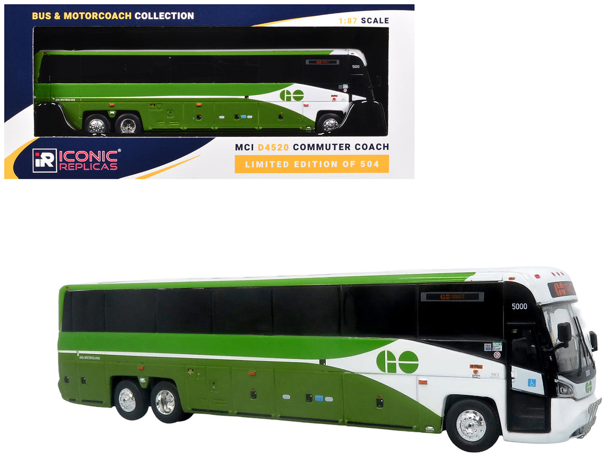 MCI D4520 Commuter Coach Bus 'GO Transit' Green and White 'The Bus & Motorcoach Collection' Limited Edition to 504 pieces Worldwide 1/87 (HO) Scale Diecast Model by Iconic Replicas