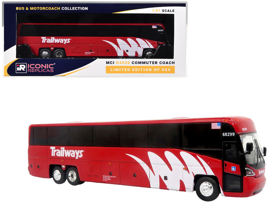 MCI D4520 Commuter Coach Bus 'Burlington Trailways' Red with White Graphics 'The Bus & Motorcoach Collection' Limited Edition to 504 pieces Worldwide 1/87 (HO) Scale Diecast Model by Iconic Replicas