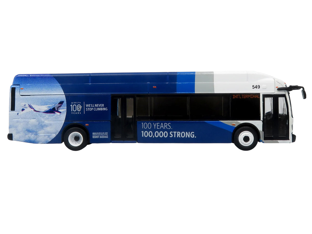 New Flyer Xcelsior XN40 Transit Bus 'Delta Air Lines 100th Anniversary' Blue and White with Graphics 'The Bus & Motorcoach Collection' Limited Edition 1/87 (HO) Scale Diecast Model by Iconic Replicas