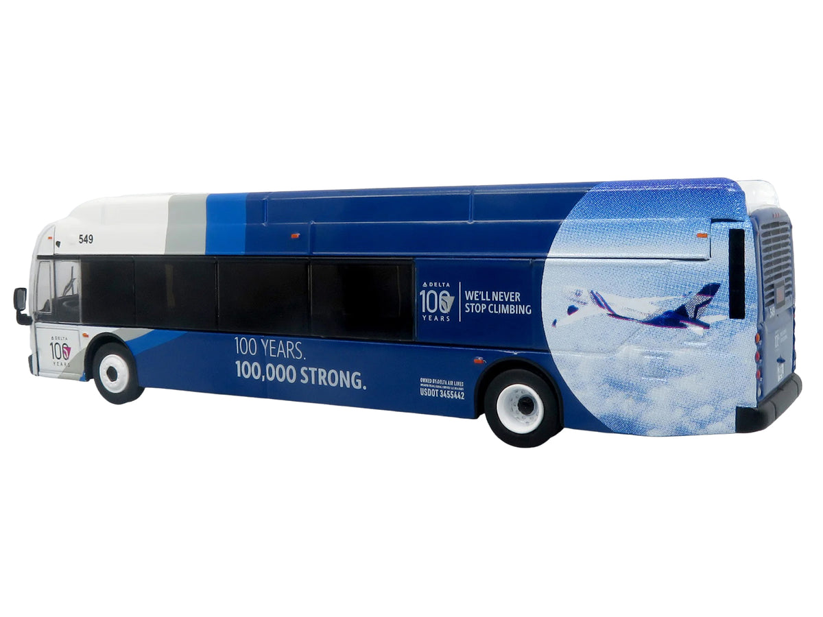 New Flyer Xcelsior XN40 Transit Bus 'Delta Air Lines 100th Anniversary' Blue and White with Graphics 'The Bus & Motorcoach Collection' Limited Edition 1/87 (HO) Scale Diecast Model by Iconic Replicas