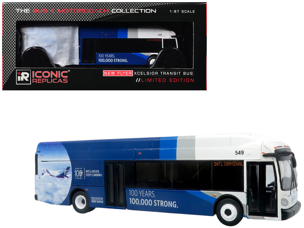 New Flyer Xcelsior XN40 Transit Bus 'Delta Air Lines 100th Anniversary' Blue and White with Graphics 'The Bus & Motorcoach Collection' Limited Edition 1/87 (HO) Scale Diecast Model by Iconic Replicas