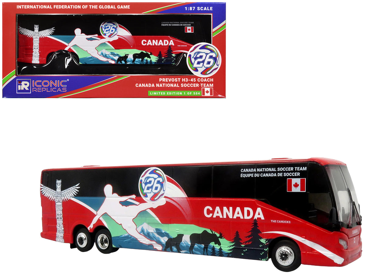 Prevost H3-45 Coach Bus 'Canada National Soccer Team' Red with Graphics 'International Federation of the Global Game' Series Limited Edition to 504 pieces Worldwide 1/87 (HO) Diecast Model by Iconic Replicas