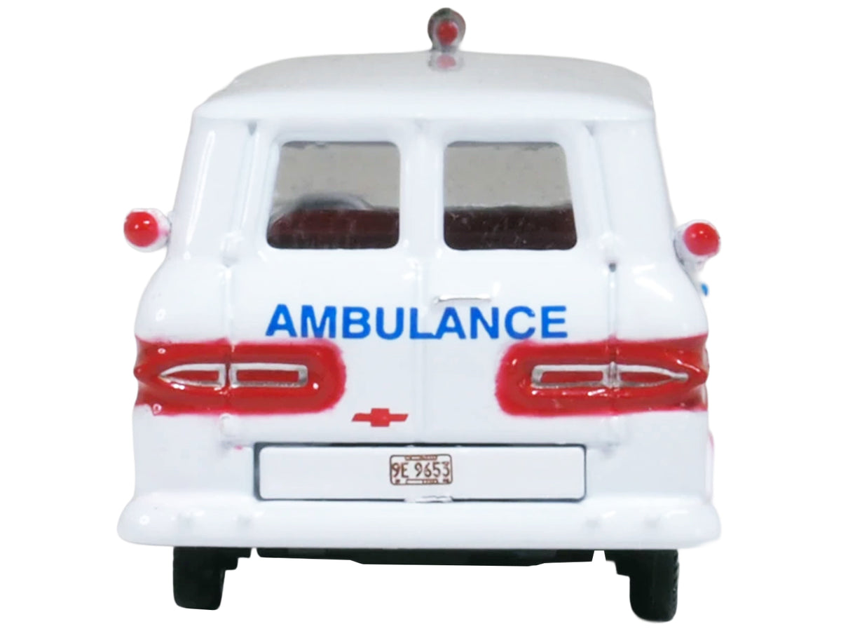 1962 Chevrolet Corvair Greenbrier AmbleWagon Ambulance White with Red Stripes 1/87 (HO) Scale Diecast Model Car by Oxford Diecast