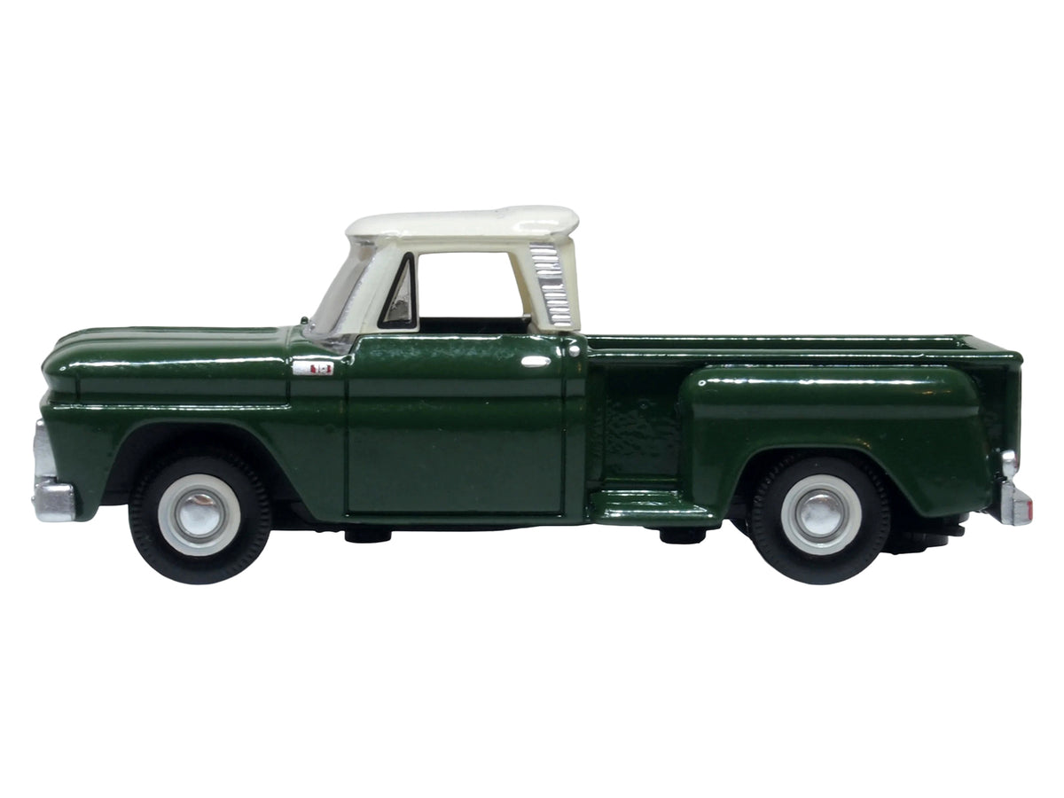 1965 Chevrolet C10 Stepside Pickup Truck Dark Green with Ivory Top 1/87 (HO) Scale Diecast Model Car by Oxford Diecast