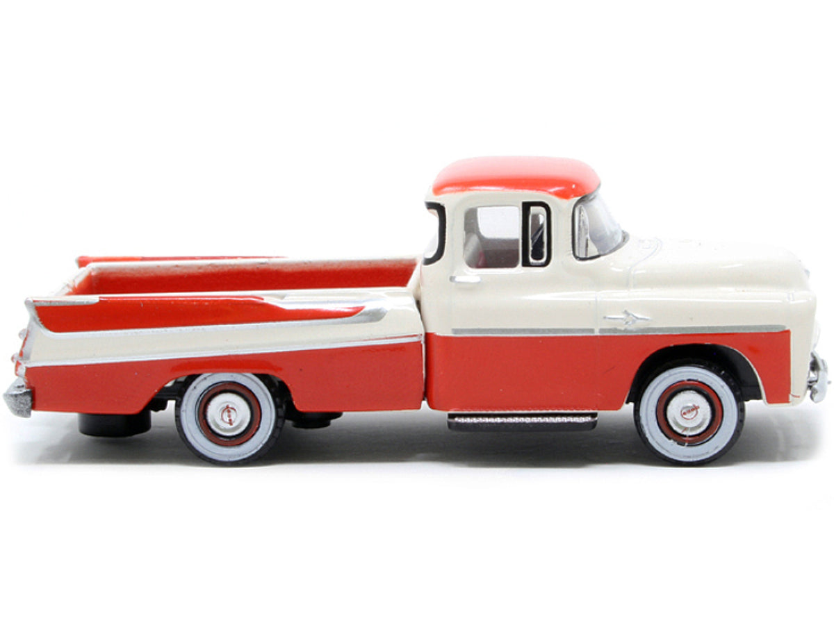 1957 Dodge D100 Sweptside Pickup Truck Tropical Coral and Glacier White 1/87 (HO) Scale Diecast Model Car by Oxford Diecast