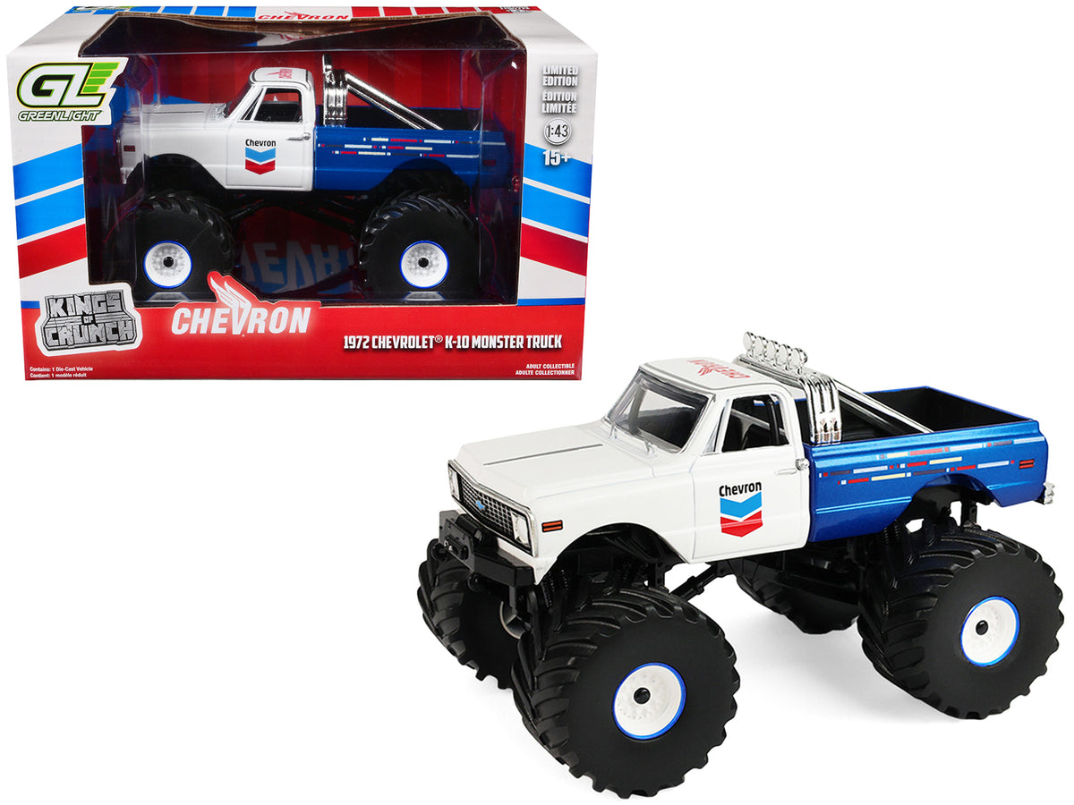 1972 Chevrolet K-10 Monster Truck 'Chevron 150th Anniversary' White and Blue Metallic 'Kings of Crunch' Series 1/43 Diecast Model Car by Greenlight