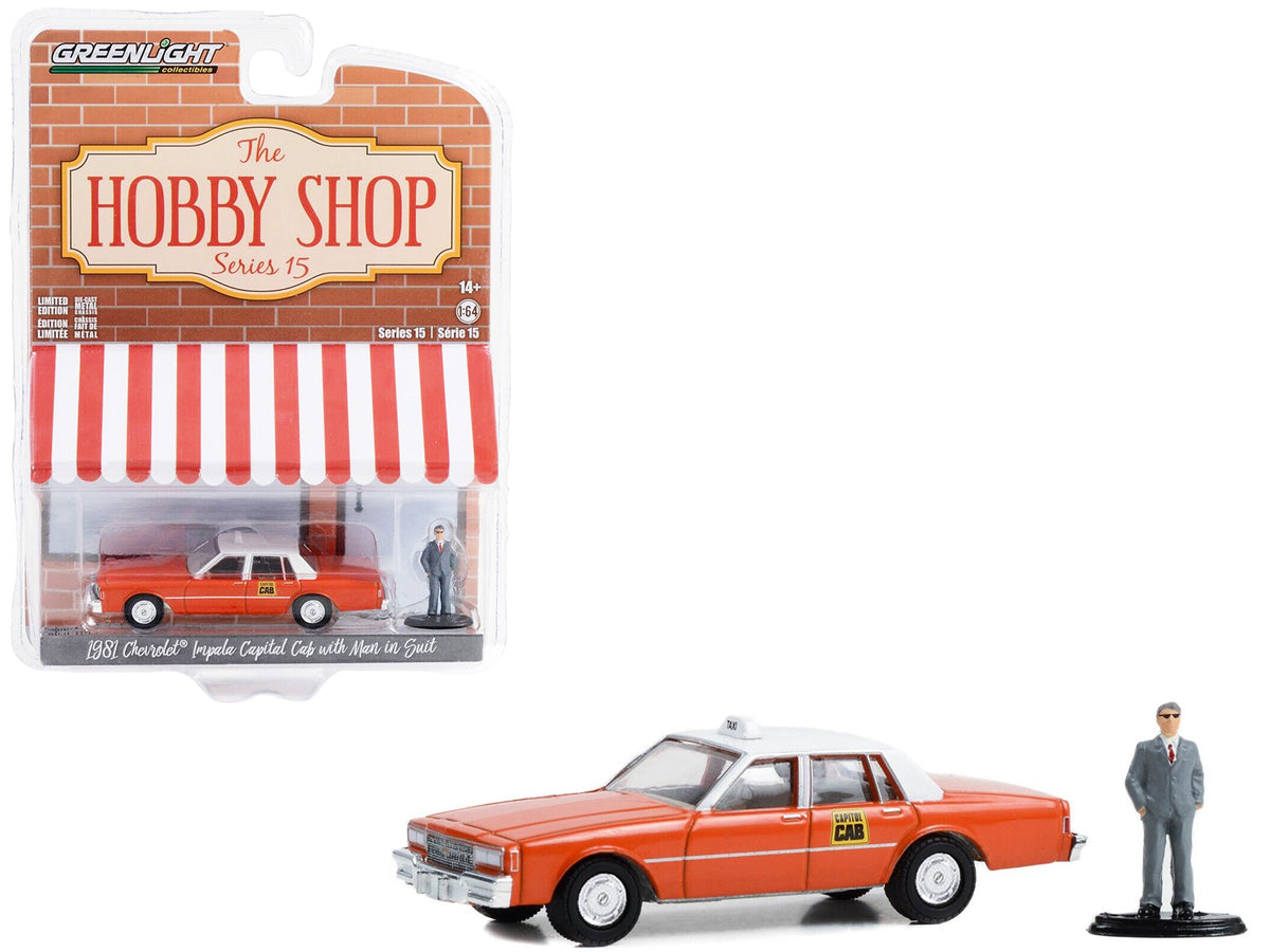 1981 Chevrolet Impala 'Capitol Cab' Taxi Orange with White Top and Man in Suit Figure 'The Hobby Shop' Series 15 1/64 Diecast Model Car by Greenlight