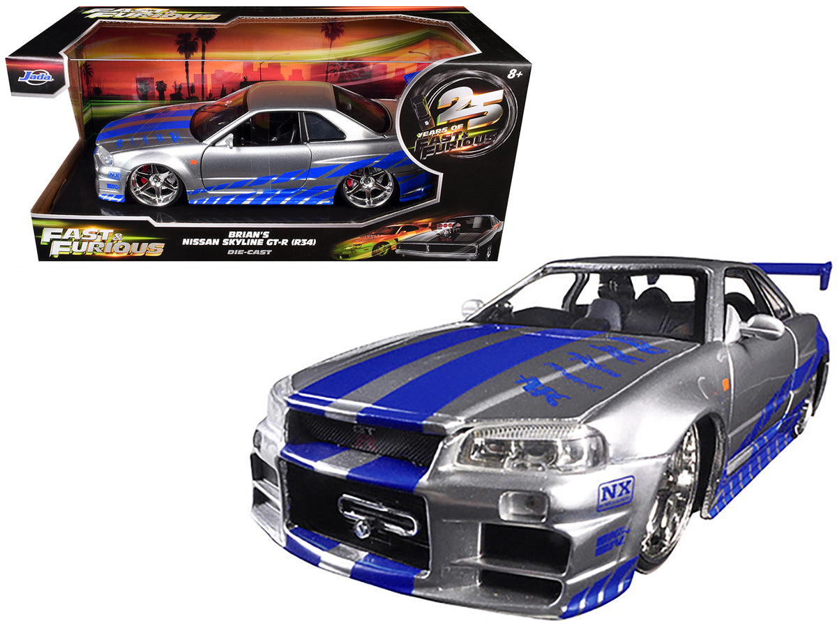 Brian's Nissan GTR Skyline R34 RHD (Right Hand Drive) Silver with Blue Stripes 'Fast & Furious 25th Anniversary' 1/24 Diecast Model Car by Jada
