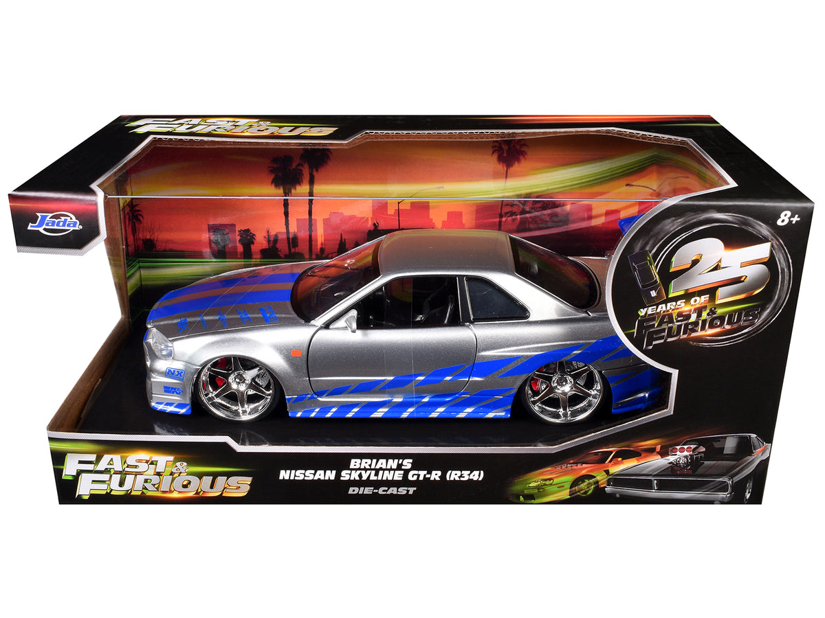 Brian's Nissan GTR Skyline R34 RHD (Right Hand Drive) Silver with Blue Stripes 'Fast & Furious 25th Anniversary' 1/24 Diecast Model Car by Jada