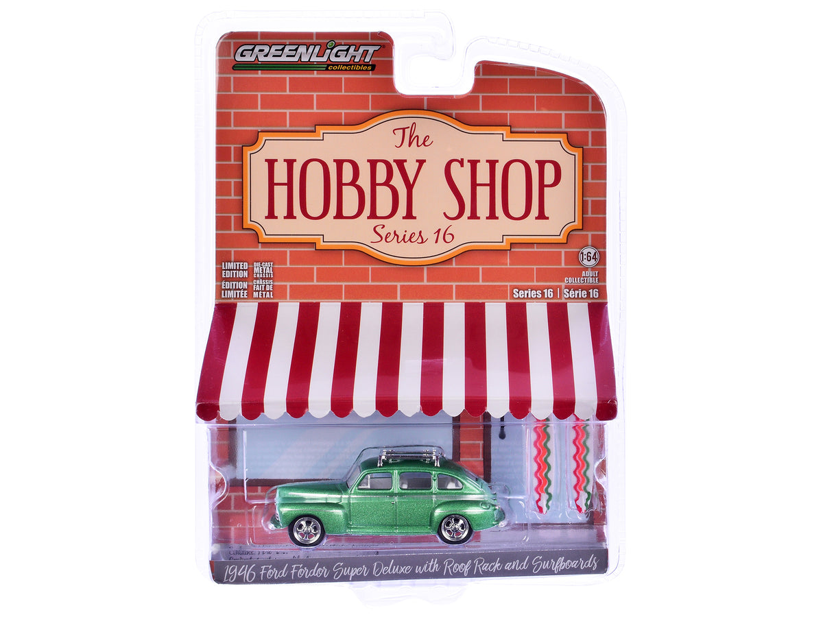 1946 Ford Fordor Super Deluxe Green Metallic with White Interior and Roof Rack with Surfboards 'The Hobby Shop' Series 16 1/64 Diecast Model Car by Greenlight
