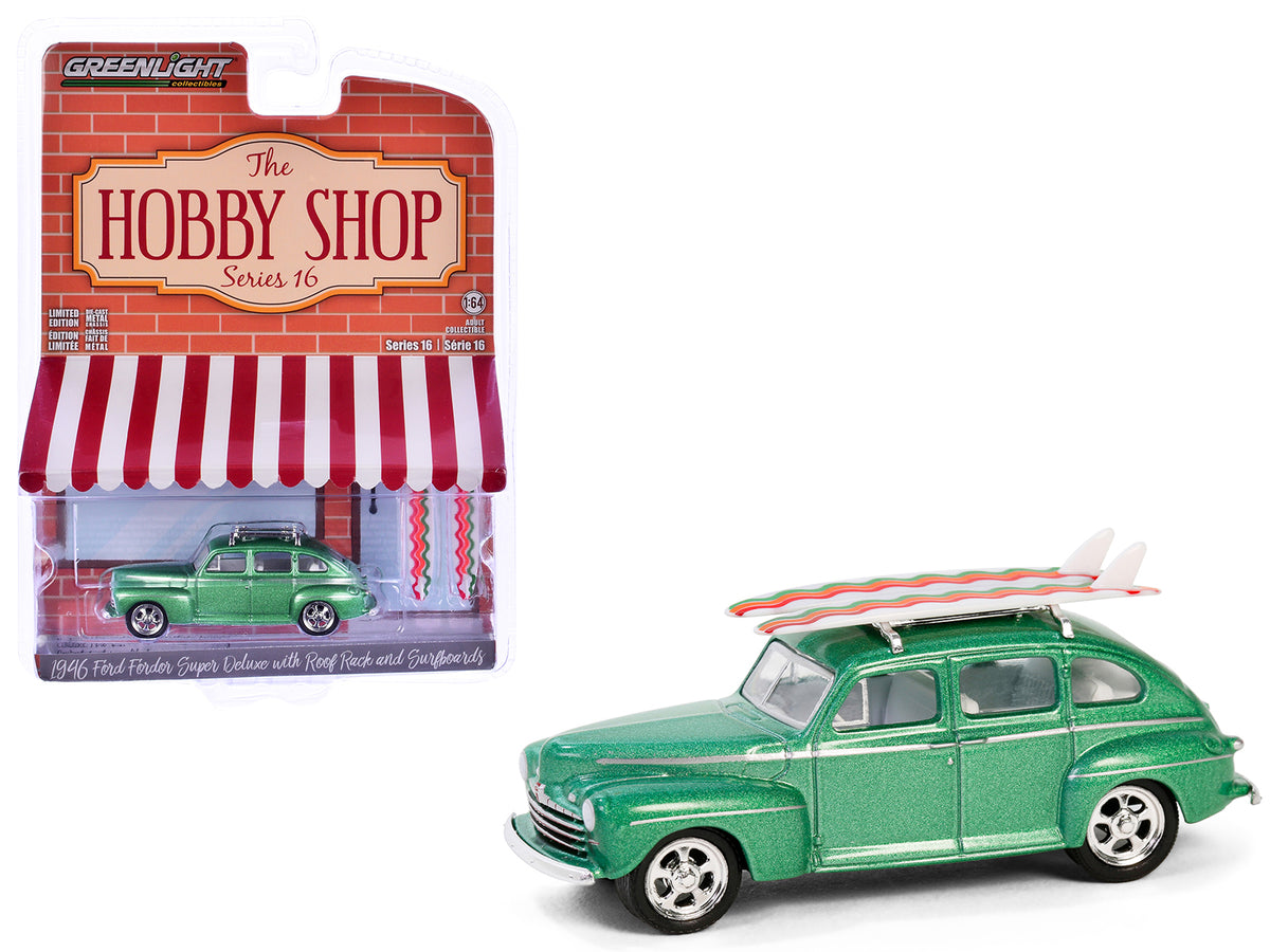1946 Ford Fordor Super Deluxe Green Metallic with White Interior and Roof Rack with Surfboards 'The Hobby Shop' Series 16 1/64 Diecast Model Car by Greenlight