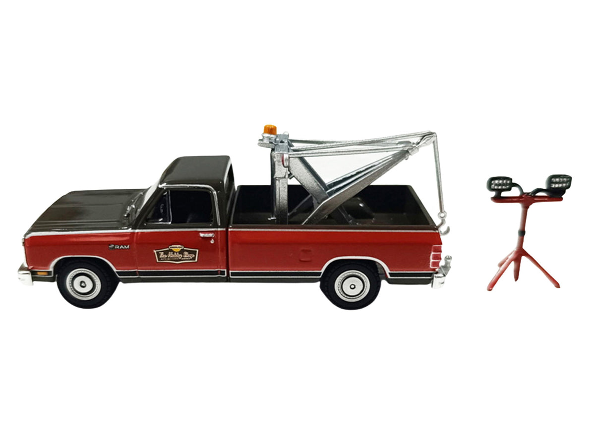 1983 Dodge Ram D-100 Royal SE Tow Truck with Drop-In Tow Hook 'Hobby Shop Auto Mechanic' Brown and Red with Work Lights 'The Hobby Shop' Series 17 1/64 Diecast Model Car by Greenlight