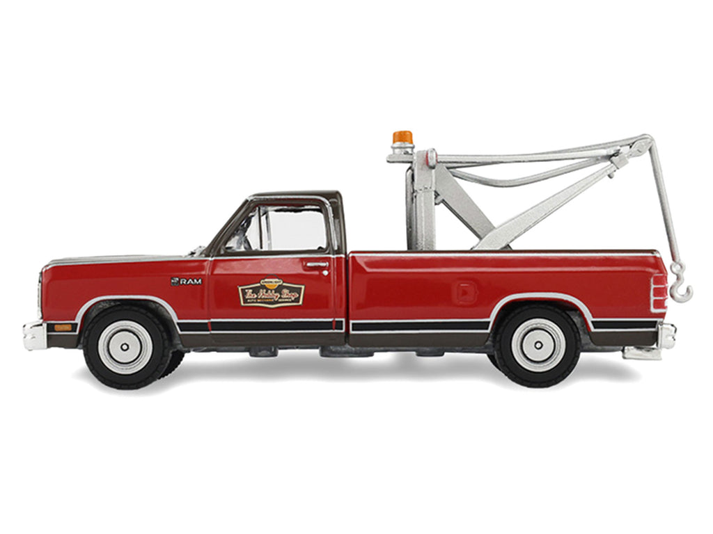 1983 Dodge Ram D-100 Royal SE Tow Truck with Drop-In Tow Hook 'Hobby Shop Auto Mechanic' Brown and Red with Work Lights 'The Hobby Shop' Series 17 1/64 Diecast Model Car by Greenlight