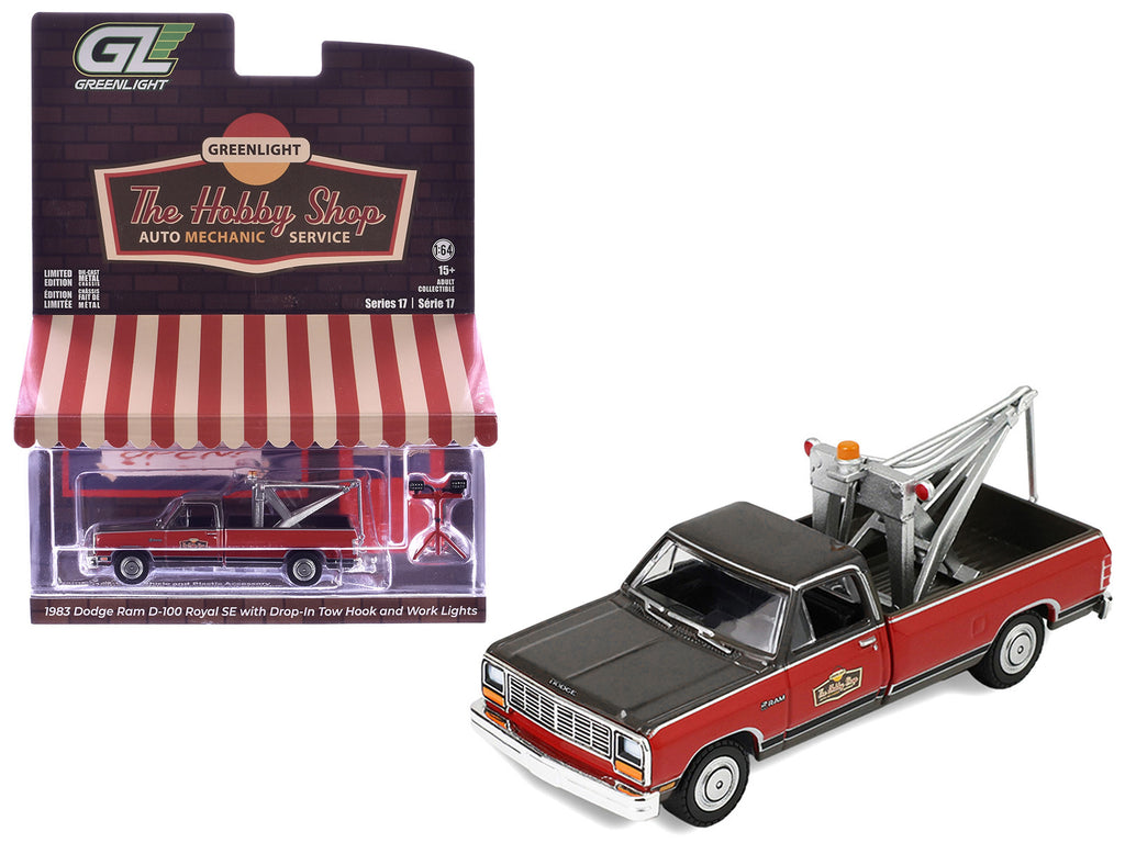 1983 Dodge Ram D-100 Royal SE Tow Truck with Drop-In Tow Hook 'Hobby Shop Auto Mechanic' Brown and Red with Work Lights 'The Hobby Shop' Series 17 1/64 Diecast Model Car by Greenlight