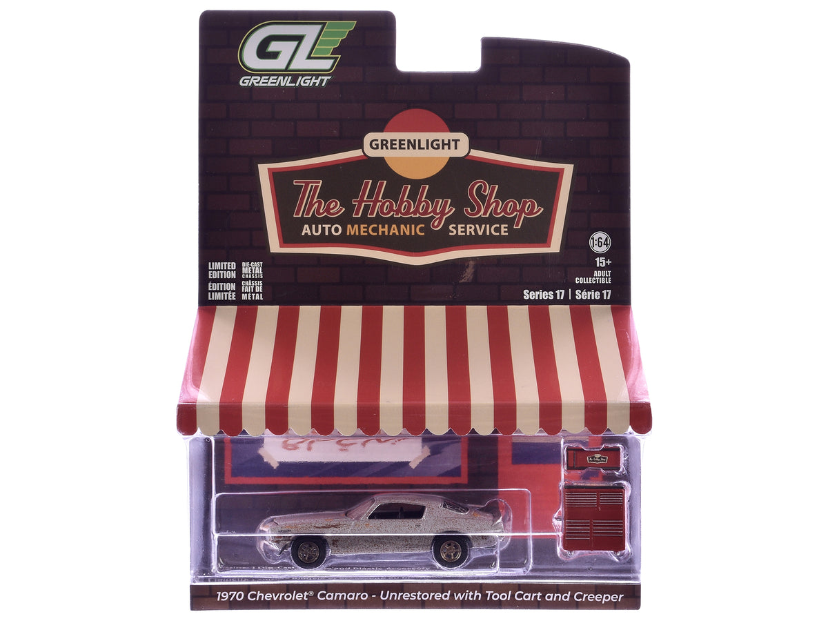 1970 Chevrolet Camaro Cortez Silver (Unrestored) with Tool Cart and Creeper 'The Hobby Shop' Series 17 1/64 Diecast Model Car by Greenlight