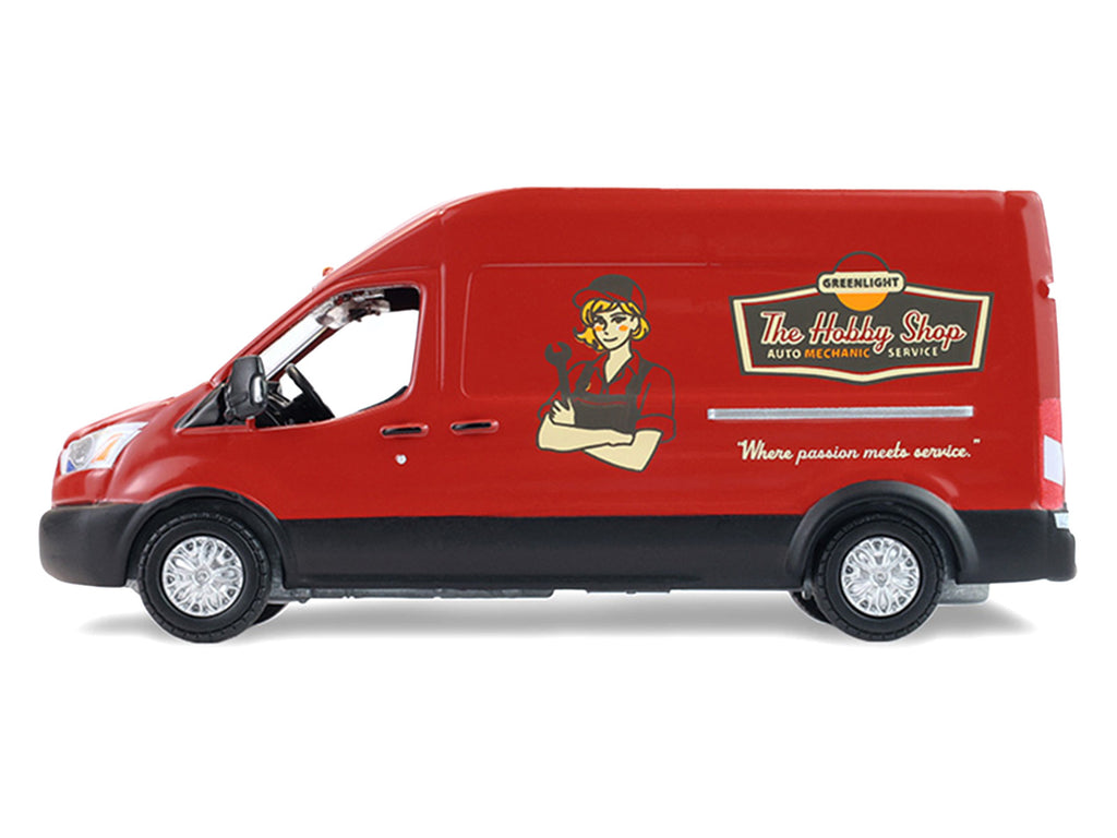 2019 Ford Transit LWB High Roof Van 'Hobby Shop Auto Mechanic - Mobile Mechanic' Red with Car Jack and Battery 'The Hobby Shop' Series 17 1/64 Diecast Model Car by Greenlight