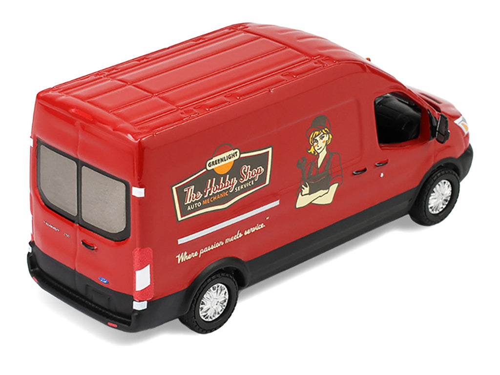 2019 Ford Transit LWB High Roof Van 'Hobby Shop Auto Mechanic - Mobile Mechanic' Red with Car Jack and Battery 'The Hobby Shop' Series 17 1/64 Diecast Model Car by Greenlight