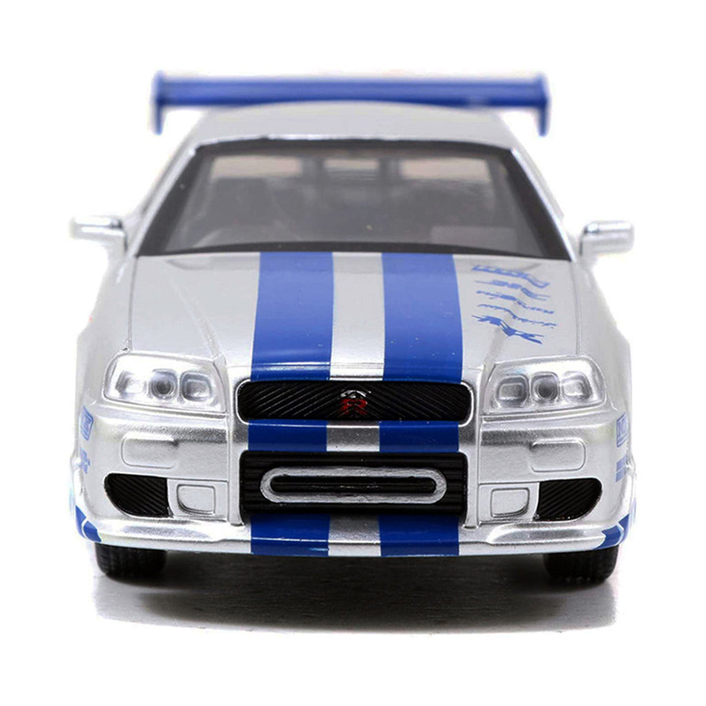 Brian's Nissan Skyline GT-R (R34) RHD (Right Hand Drive) Silver Metallic with Blue Stripes '2 Fast 2 Furious' (2003) Movie 'Fast & Furious 25th Anniversary' Series 1/32 Diecast Car Model by Jada