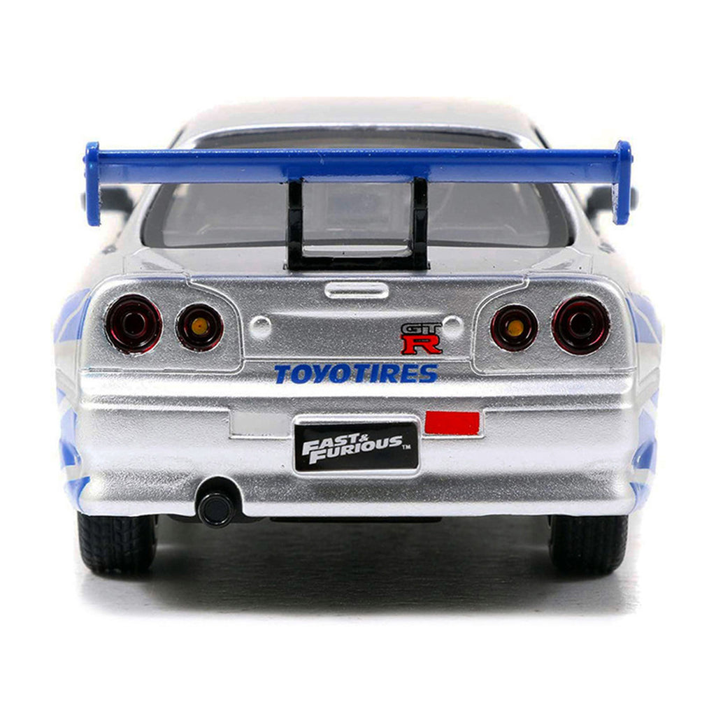 Brian's Nissan Skyline GT-R (R34) RHD (Right Hand Drive) Silver Metallic with Blue Stripes '2 Fast 2 Furious' (2003) Movie 'Fast & Furious 25th Anniversary' Series 1/32 Diecast Car Model by Jada