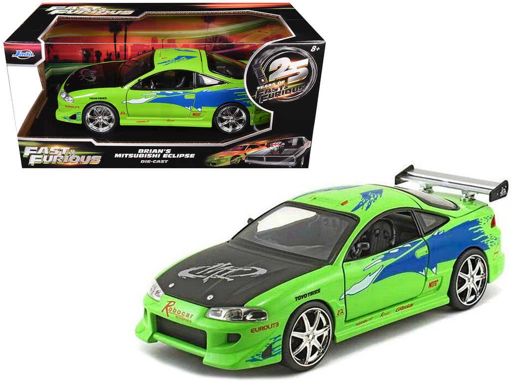Brian's Mitsubishi Eclipse Green with Black Hood and Graphics 'The Fast and The Furious' (2001) Movie '25 Years of Fast & Furious' Series 1/24 Diecast Model by Jada