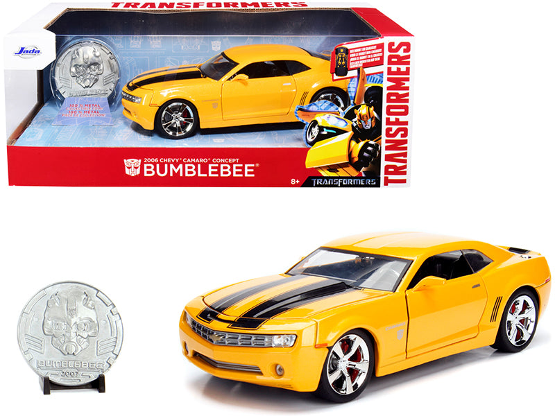 2006 Chevrolet Camaro Concept Yellow Bumblebee with Robot on Chassis and Collectible Metal Coin 'Transformers' Movie 1/24 Diecast Model Car by Jada