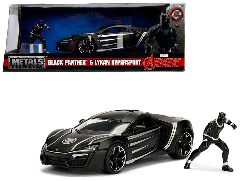 Lykan Hypersport Black with Black Panther Diecast Figurine 'Avengers' 'Marvel' Series 1/24 Diecast Model Car by Jada