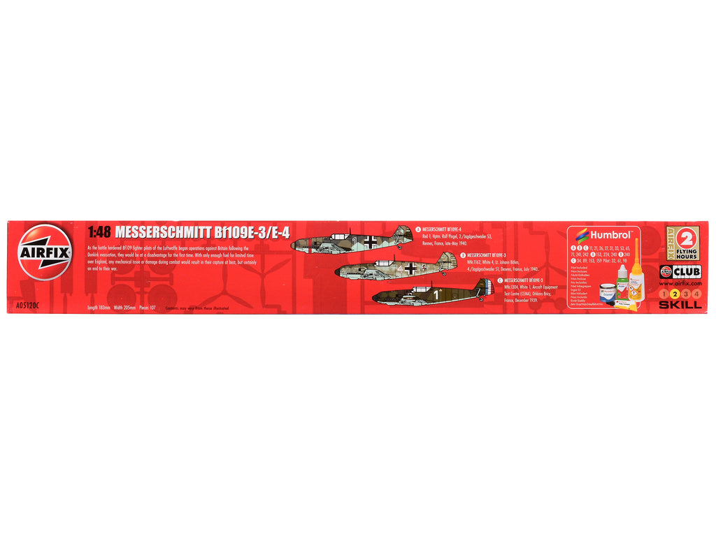 Level 2 Model Kit Messerschmitt Bf109E-3/E-4 Fighter Aircraft with Scheme Options 1/48 Plastic Model Kit by Airfix