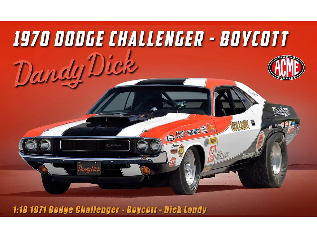1970 Dodge Challenger 'Boycott - 'Dandy' Dick Landy' White with Black and Red Stripes and Graphics Limited Edition to 500 pieces Worldwide 1/18 Diecast Model Car by ACME