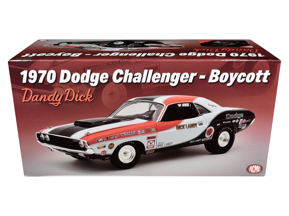 1970 Dodge Challenger 'Boycott - 'Dandy' Dick Landy' White with Black and Red Stripes and Graphics Limited Edition to 500 pieces Worldwide 1/18 Diecast Model Car by ACME
