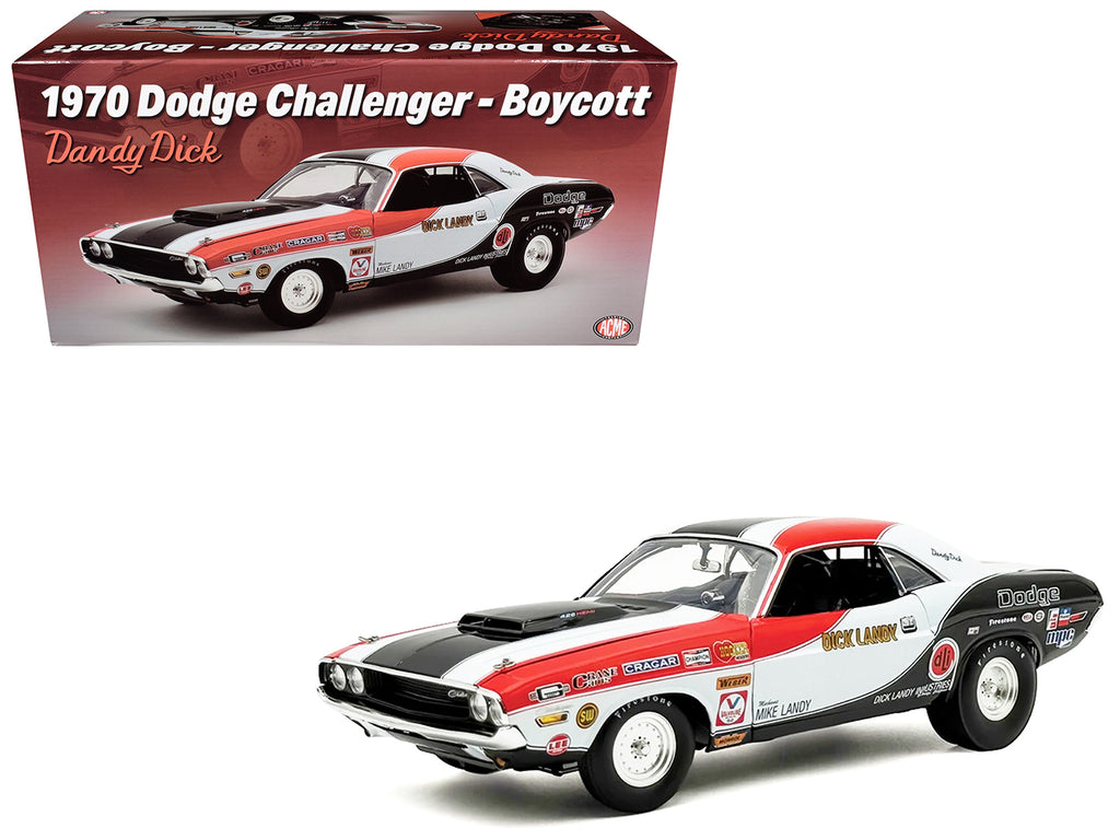 1970 Dodge Challenger 'Boycott - 'Dandy' Dick Landy' White with Black and Red Stripes and Graphics Limited Edition to 500 pieces Worldwide 1/18 Diecast Model Car by ACME