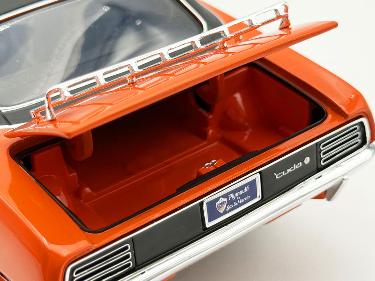 1970 Plymouth HEMI Cuda 'Sun Kissed Cuda - Sox & Martin' Vitamin C Orange with Black Vinyl Top Limited Edition to 444 pieces Worldwide 1/18 Diecast Model Car by ACME
