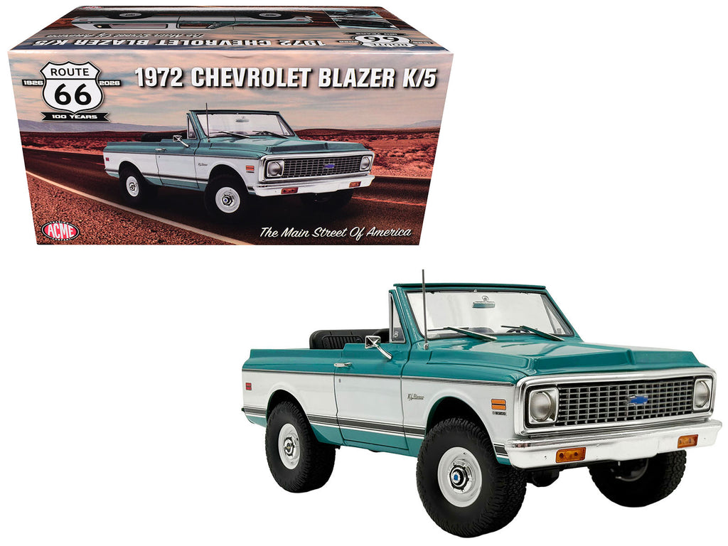 1972 Chevrolet Blazer K/5 'Route 66 100th Anniversary' Green and White with Black Stripes Limited Edition 1/18 Diecast Model Car by ACME
