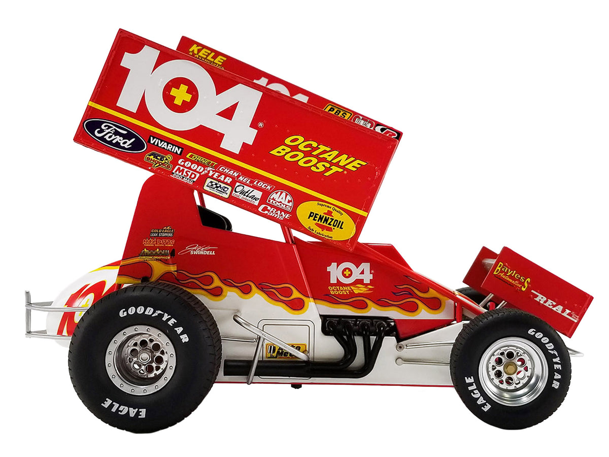 Winged Sprint Car #104+ Jeff Swindell 'Octane Boost' Red with Graphics 'National Sprint Car Hall of Fame' 1/18 Diecast Model Car by ACME