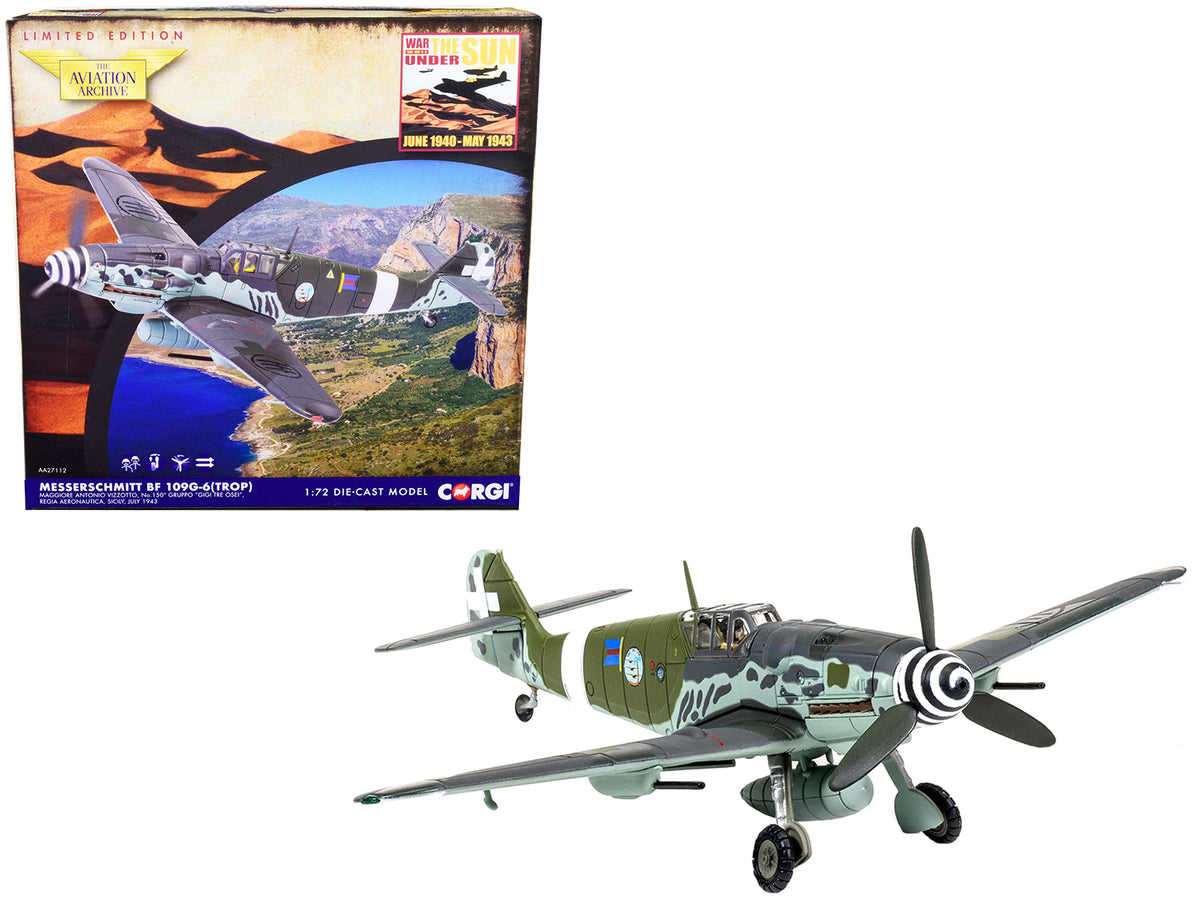 Messerschmitt Me109G-6 (Trop) Fighter Aircraft 'Maggiore Antonio Vizzotto 150 Gruppo Gigi Tre Osei Regia Aeronautica Sicily' (July 1943) 'The Aviation Archive' Series 1/72 Diecast Model by Corgi
