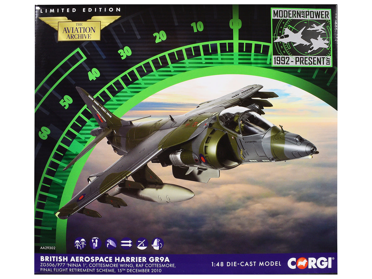 British Aerospace Harrier GR9A Aircraft 'ZG506/P77 Ninja 1 RAF Cottesmore Final Flight Retirement Scheme' (2010) Royal Air Force 'The Aviation Archive' Series 1/48 Diecast Model by Corgi