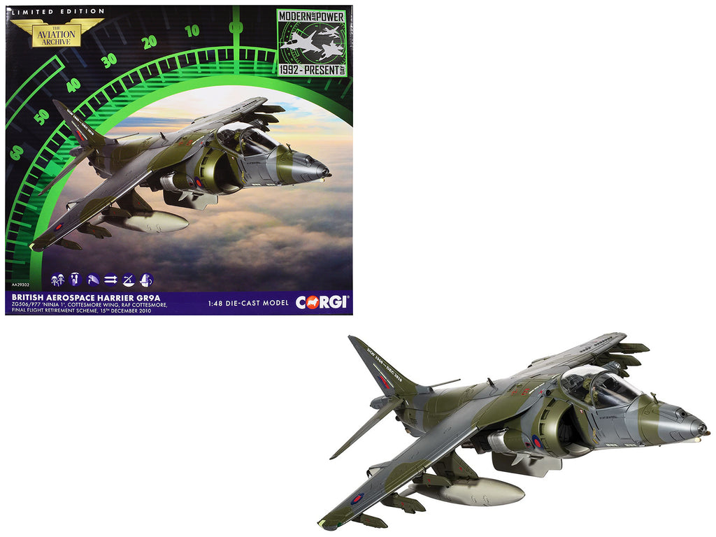 British Aerospace Harrier GR9A Aircraft 'ZG506/P77 Ninja 1 RAF Cottesmore Final Flight Retirement Scheme' (2010) Royal Air Force 'The Aviation Archive' Series 1/48 Diecast Model by Corgi