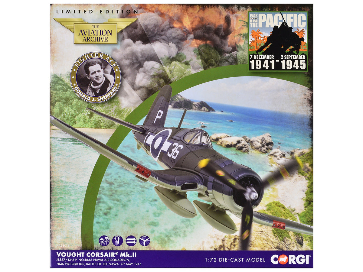 Vought Corsair Mk. II Fighter Aircraft 'JT537 1836 Naval Air Squadron HMS Victorious Battle of Okinawa' (1945) British Royal Navy Fleet Air Arm 'The Aviation Archive' Series 1/72 Diecast Model by Corgi